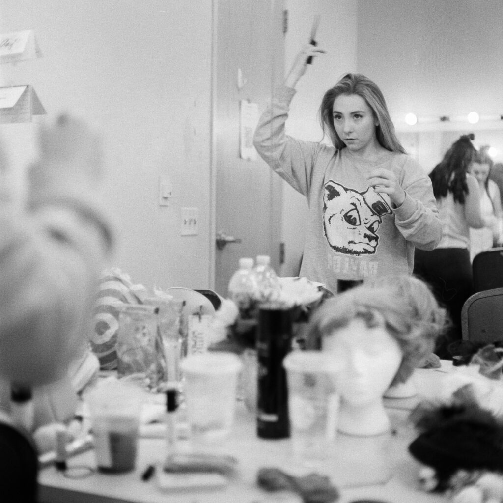 Evelyn Kunch backstage at Performance Now's 'Little Women.' Taken with a 1961 Rolleiflex on black and white 120 film. Developed, processed and digitized by RDGPhotography.